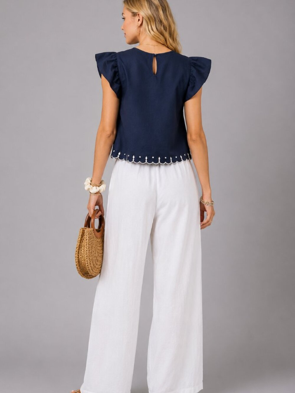 Women's Cotton Navy Blue Embroidered Flutter Sleeve Boho Blouse Summer Cotton To - Picture 7 of 7